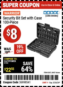 Harbor Freight Coupon 100 PIECE SECURITY BIT SET WITH CASE Lot No. 91310/62657/68457 Expired: 3/24/24 - $0.08