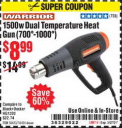 Harbor Freight Coupon 1500 WATT DUAL TEMPERATURE HEAT GUN (572°/1112°) Lot No. 63104/35776/62340/62546/96289 Expired: 3/27/21 - $8.99