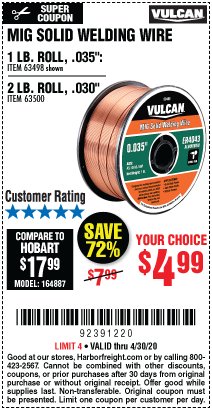 Harbor Freight Coupon VULCAN 0.035 IN. ER4043 MIG SOLID WELDING WIRE, 1 LB. ROLL Lot No. 63498 Expired: 6/30/20 - $4.99