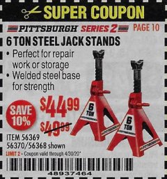 Harbor Freight Coupon 6 TON STEEL JACK STANDS Lot No. 56369/56370/56368 Expired: 3/30/20 - $44.99