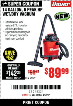 Harbor Freight Coupon BAUER 14 GALLON WET/DRY VACUUM Lot No. 56579 Expired: 6/30/20 - $89.99