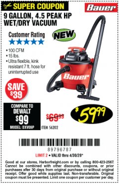 Harbor Freight Coupon 9 GALLON, 4.5 PEAK HP WET/DRY VACUUM Lot No. 56202 Expired: 6/30/20 - $59.99