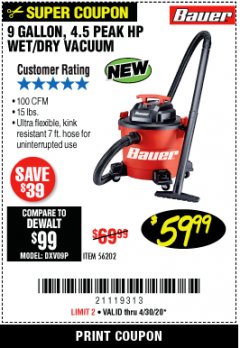 Harbor Freight Coupon 9 GALLON, 4.5 PEAK HP WET/DRY VACUUM Lot No. 56202 Expired: 6/30/20 - $59.99