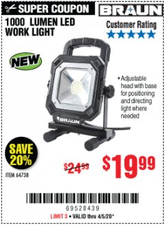 Harbor Freight Coupon 1000 LUMEN LED WORK LIGHT Lot No. 64738 Expired: 6/30/20 - $19.99