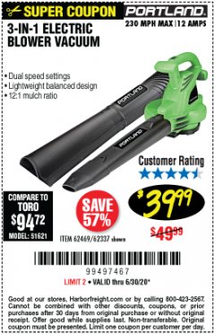 Harbor Freight Coupon 3-IN-1 ELECTRIC BLOWER VACUUM Lot No. 62469/62337 Expired: 6/30/20 - $39.99