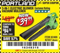 Harbor Freight Coupon 3-IN-1 ELECTRIC BLOWER VACUUM Lot No. 62469/62337 Expired: 12/31/20 - $39.99