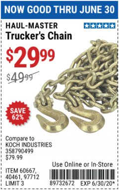 Harbor Freight Coupon TRUCKER'S CHAIN Lot No. 60667, 40461, 97712 Expired: 6/30/20 - $29.99