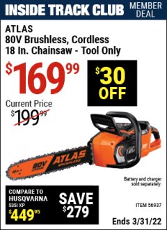 Harbor Freight ITC Coupon 80V LITHIUM-ION 18" BRUSHLESS CHAINSAW Lot No. 56937 Expired: 3/31/22 - $169.99