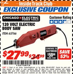 Harbor Freight ITC Coupon 120 VOLT ELECTRIC BODY SAW Lot No. 65766 Expired: 7/31/18 - $27.99