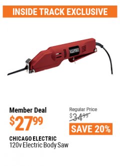 Harbor Freight ITC Coupon 120 VOLT ELECTRIC BODY SAW Lot No. 65766 Expired: 4/29/21 - $27.99
