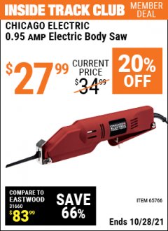 Harbor Freight ITC Coupon 120 VOLT ELECTRIC BODY SAW Lot No. 65766 Expired: 10/28/21 - $27.99