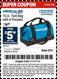 Harbor Freight Coupon 16" TOOL BAG W/6 INTERIOR POCKETS MFR: HERCULES JA Lot No. 63637 Expired: 2/2/25 - $0.05