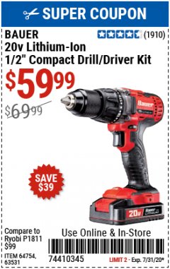 Harbor Freight Coupon 20V HYPERMAX LITHIUM-ION CORDLESS 1/2 IN. HAMMER DRILL KIT Lot No. 64754 Expired: 7/31/20 - $59.99