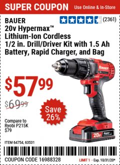 Harbor Freight Coupon 20V HYPERMAX LITHIUM-ION CORDLESS 1/2 IN. HAMMER DRILL KIT Lot No. 64754 Expired: 10/31/20 - $57.99