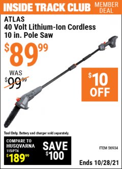 Harbor Freight ITC Coupon ATLAS 40V LITHIUM-ION 10" POLE SAW Lot No. 56934 Expired: 10/28/21 - $89.99