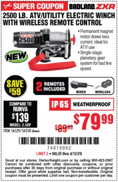 Harbor Freight Coupon BADLAND ZXR 2500 LB. ATV/UTILITY ELECTRIC WINCH WITH WIRELESS REMOTE CONTROL Lot No. 56528 Expired: 6/30/20 - $79.99