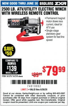 Harbor Freight Coupon BADLAND ZXR 2500 LB. ATV/UTILITY ELECTRIC WINCH WITH WIRELESS REMOTE CONTROL Lot No. 56528 Expired: 6/30/20 - $79.99
