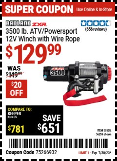 Harbor Freight Coupon BADLAND ZXR 2500 LB. ATV/UTILITY ELECTRIC WINCH WITH WIRELESS REMOTE CONTROL Lot No. 56528 Expired: 7/30/23 - $129.99