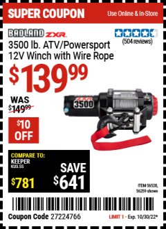 Harbor Freight Coupon 3500 LB. ATV/POWERSPORT 12V WINCH WITH AUTOMATIC LOAD-HOLDING BRAKE Lot No. 56528/56259 Expired: 10/30/22 - $139.99