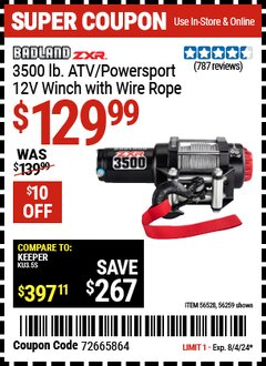 Harbor Freight Coupon BADLAND ZXR 3500 LB. UTV/POWERSPORT WINCH WITH AUTOMATIC LOAD-HOLDING BRAKE Lot No. 56259 Expired: 8/4/24 - $129.99