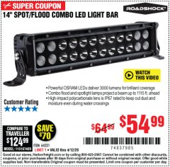 Harbor Freight Coupon 14” SPOT/FLOOD COMBO LED LIGHT BAR Lot No. 64321 Expired: 6/30/20 - $54.99