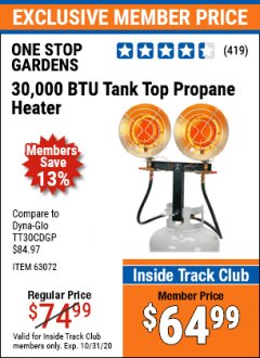 Harbor Freight ITC Coupon 30,000 BTU TANK TOP PROPANE HEATER Lot No. 63072 Expired: 10/31/20 - $64.99