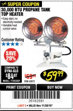 Harbor Freight Coupon 30,000 BTU TANK TOP PROPANE HEATER Lot No. 63072 Expired: 11/30/18 - $59.99