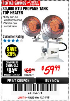 Harbor Freight Coupon 30,000 BTU TANK TOP PROPANE HEATER Lot No. 63072 Expired: 12/31/18 - $59.99