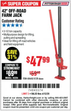 Harbor Freight Coupon 42" OFF-ROAD FARM JACK Lot No. 6530 Expired: 6/30/20 - $47.99