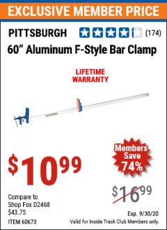 Harbor Freight ITC Coupon 60" ALUMINUM F-STYLE BAR CLAMP Lot No. 60673 Expired: 9/30/20 - $10.99