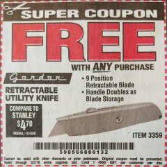 Harbor Freight FREE Coupon UTILITY KNIFE Lot No. 3359 Expired: 3/2/19 - FWP