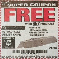 Harbor Freight FREE Coupon GORDON UTILITY KNIFE Lot No. 3359 Expired: 3/2/19 - FWP