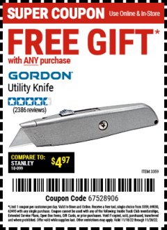 Harbor Freight FREE Coupon UTILITY KNIFE Lot No. 3359 Expired: 11/20/21 - FWP