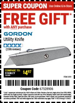 Harbor Freight FREE Coupon GORDON UTILITY KNIFE Lot No. 3359 Expired: 11/20/22 - FWP