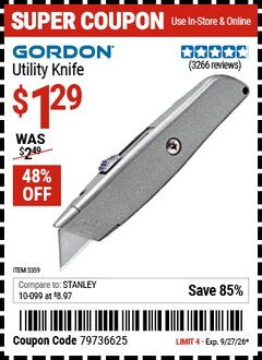 Harbor Freight Coupon GORDON UTILITY KNIFE Lot No. 3359 Valid Thru: 9/27/26 - $1.29