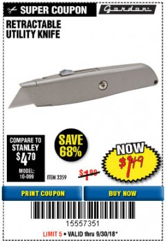 Harbor Freight Coupon UTILITY KNIFE Lot No. 3359 Expired: 9/30/18 - $1.49