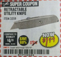 Harbor Freight Coupon GORDON UTILITY KNIFE Lot No. 3359 Expired: 10/31/18 - $1.49