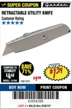 Harbor Freight Coupon UTILITY KNIFE Lot No. 3359 Expired: 9/30/19 - $1.29
