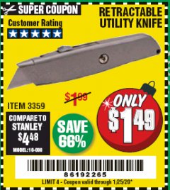 Harbor Freight Coupon UTILITY KNIFE Lot No. 3359 Expired: 1/25/20 - $1.49