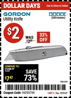 Harbor Freight Coupon GORDON UTILITY KNIFE Lot No. 3359 Expired: 10/9/24 - $2