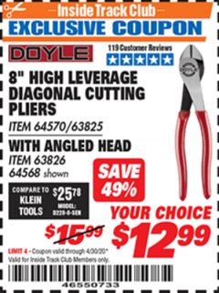 Harbor Freight ITC Coupon 8" HIGH LEVERAGE DIAGONAL CUTTING PLIERS / WITH ANGLED HEAD Lot No. 64570/63825/63826/64568 Expired: 4/30/20 - $12.99