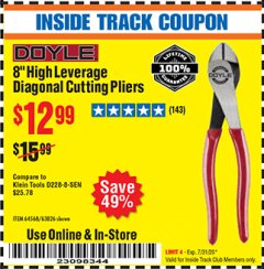 Harbor Freight ITC Coupon 8" HIGH LEVERAGE DIAGONAL CUTTING PLIERS / WITH ANGLED HEAD Lot No. 64570/63825/63826/64568 Expired: 7/31/20 - $12.99