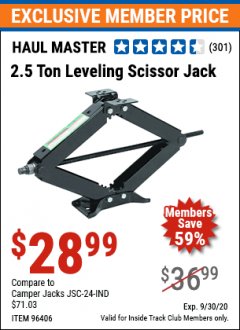 Harbor Freight ITC Coupon 2.5 TON LEVELING SCISSOR JACK Lot No. 96406 Expired: 9/30/20 - $28.99