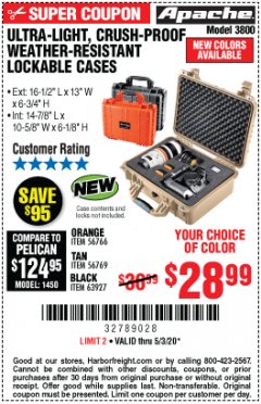 Harbor Freight Coupon APACHE 3800 WEATHERPROOF PROTECTIVE CASE, LARGE Lot No. 56766/56769/63927 Expired: 6/30/20 - $28.99