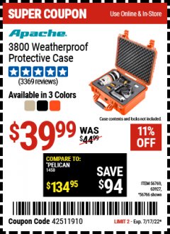 Harbor Freight Coupon APACHE 3800 WEATHERPROOF PROTECTIVE CASE, LARGE Lot No. 56766/56769/63927 Expired: 7/17/22 - $39.99