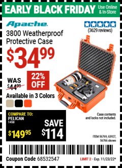 Harbor Freight Coupon APACHE 3800 WEATHERPROOF PROTECTIVE CASE, LARGE Lot No. 56766/56769/63927 Expired: 11/23/22 - $34.99