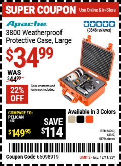 Harbor Freight Coupon APACHE 3800 WEATHERPROOF PROTECTIVE CASE, LARGE Lot No. 56766/56769/63927 Expired: 12/11/22 - $34.99