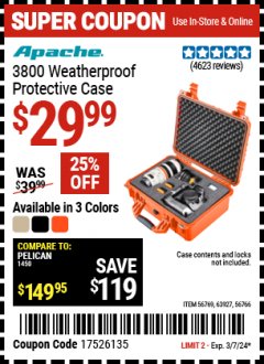 Harbor Freight Coupon APACHE 3800 WEATHERPROOF PROTECTIVE CASE, LARGE Lot No. 56766/56769/63927 Expired: 3/7/24 - $29.99