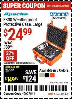 Harbor Freight Coupon APACHE 3800 WEATHERPROOF PROTECTIVE CASE, LARGE Lot No. 56766/56769/63927 Expired: 4/21/24 - $24.99