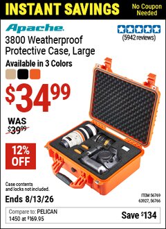 Harbor Freight Coupon APACHE 3800 WEATHERPROOF PROTECTIVE CASE, LARGE Lot No. 56766/56769/63927 Expired: 6/13/26 - $34.99